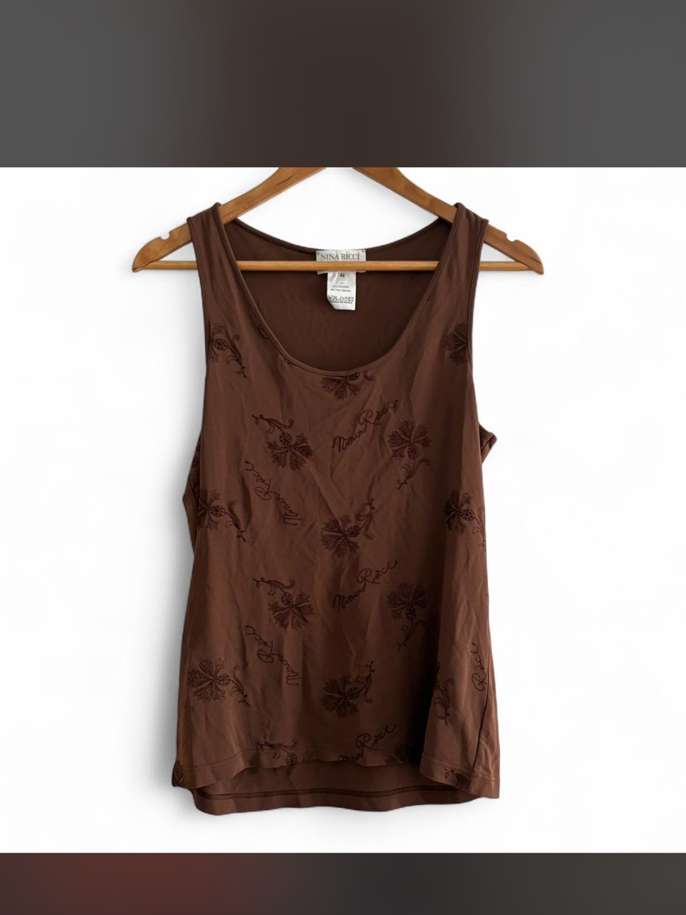 Vintage Nina Ricci Embroidered Brown Scoop Neck Tank Whimsigoth Y2K Sz 12